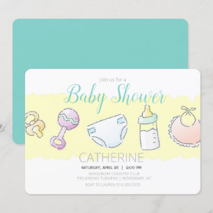 Invitation Rattle, bouteille, couche, bib et douche de Pacifi
