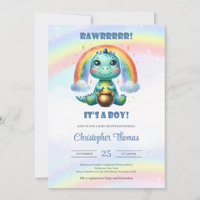 Invitation Rawr c'est un garçon dinosaure aquarelle avec arc- (Devant)