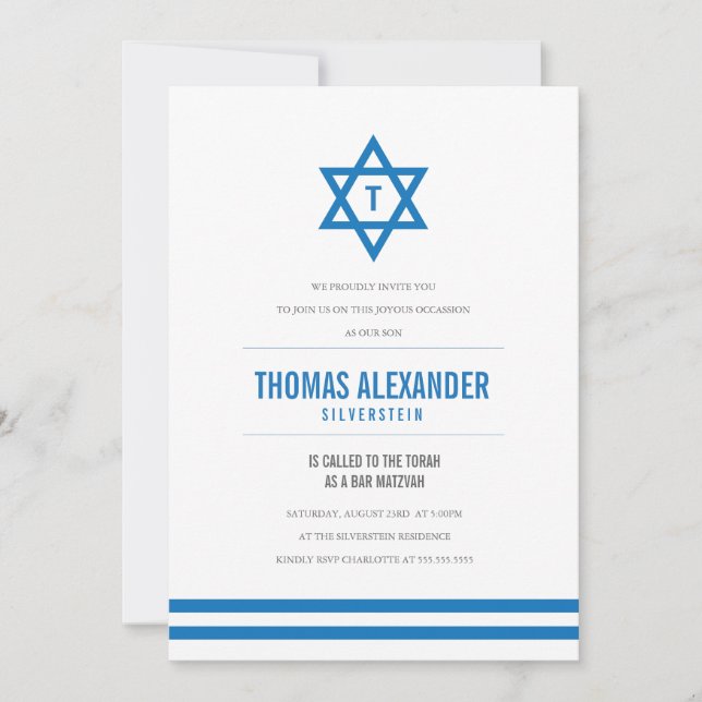 Invitation rayé bleu de Mitzvah de barre (Devant)