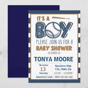 Invitation rayée bleue de baby shower de base-ball