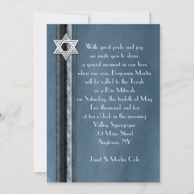 Invitation rayée bleue de Mitzvah de barre (Devant)