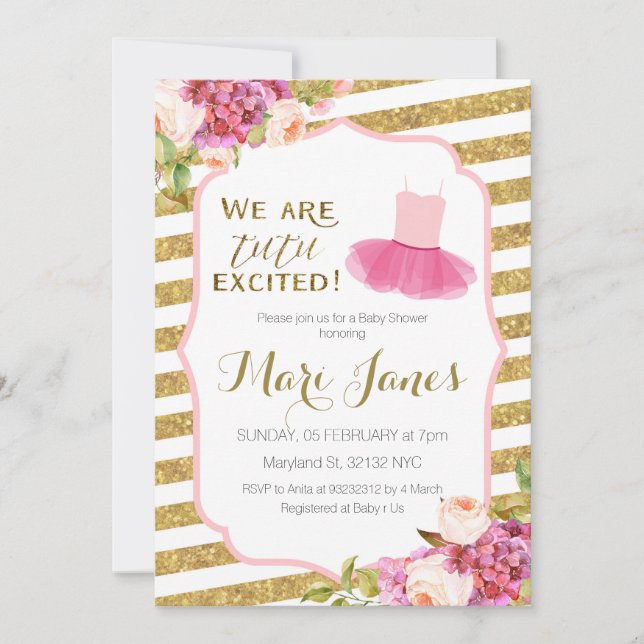 invitation rayée de baby shower de tutu d'or rose (Devant)