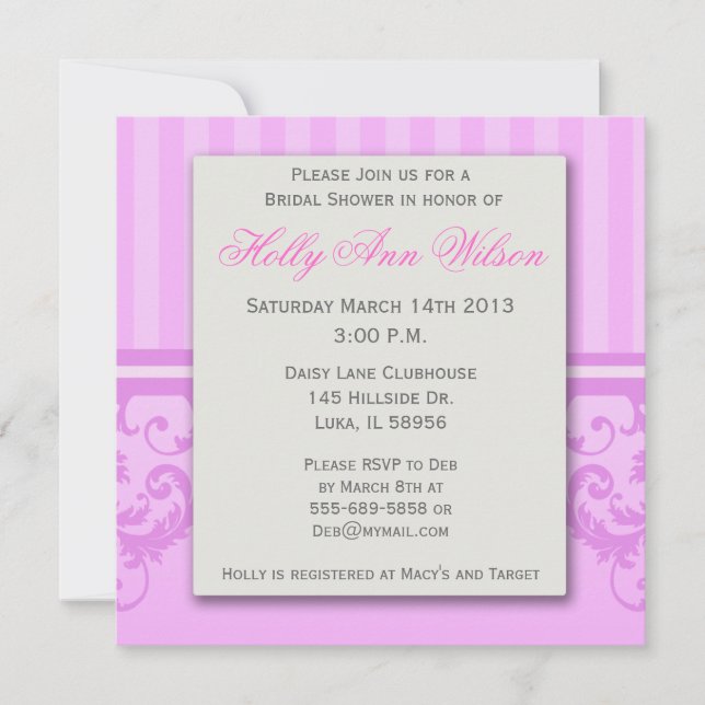 Invitation rayée rose de Fête de la mariée de (Devant)