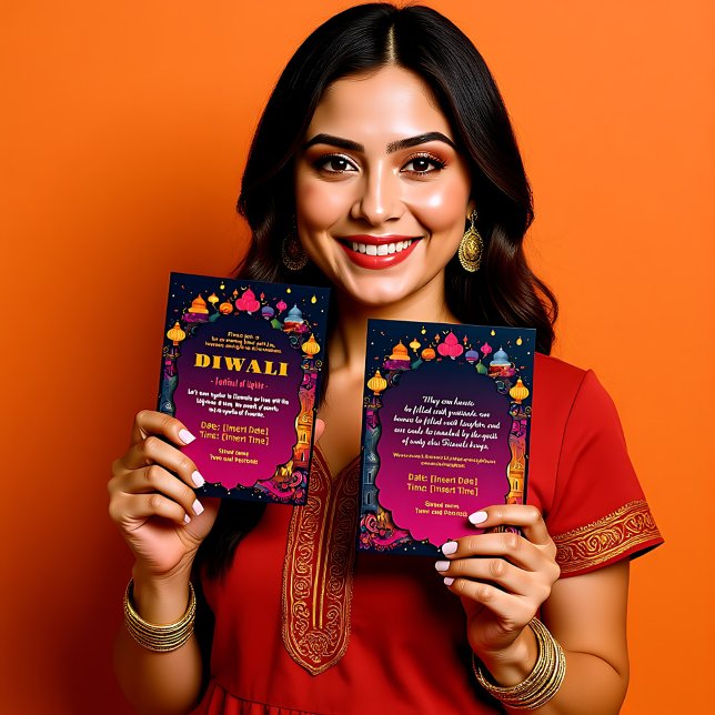Invitation Rayon de diwali rose et marron (Maroon and pink Diwali Radiance Invitation, customizable text on both sides)