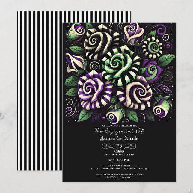 Invitation Rayure florale verte violette pour engagement Hall (Devant / Derrière)