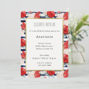 Invitation Rayures bleues rouge blanc floral Anniversaire