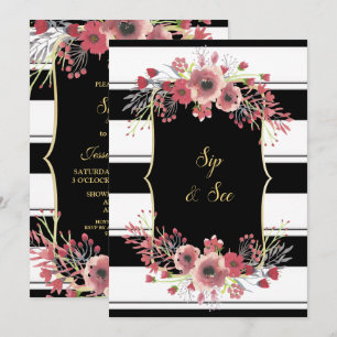 Invitation Rayures Chic Fleurs Aquarelle Sip & See