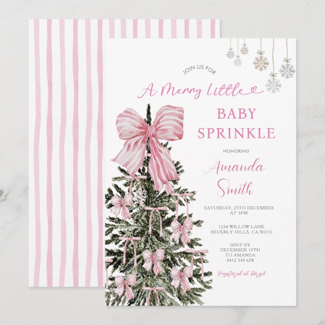 Invitation Rayures de Baby Sprinkle de Noël Rose (Devant / Derrière)