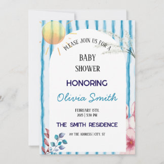 Invitation Rayures de peinture à l'eau bleue Baby Shower Bohè