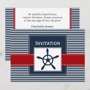 Invitation rayures marines, gouvernail, mariage nautique invi