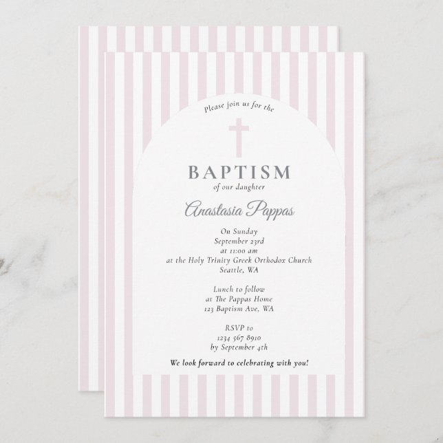 Invitation Rayures modernes Christening Baptême Blush Rose Gi (Devant / Derrière)