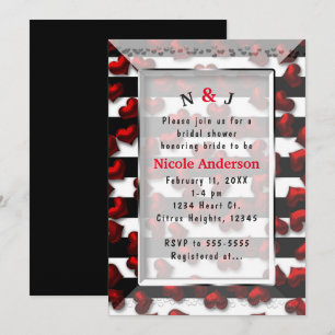 Invitation Rayures noires et blanches et cœurs rouges Baby Sh