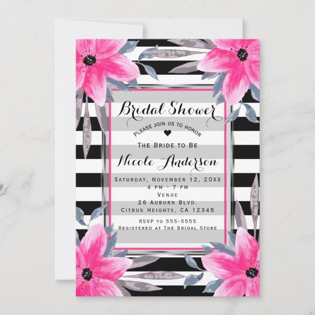 Invitation Rayures noires et blanches Fleurs roses Botanique  (Devant)