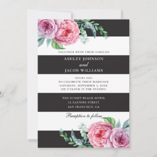 Invitation Rayures noires et blanches florales. Fleurs roses