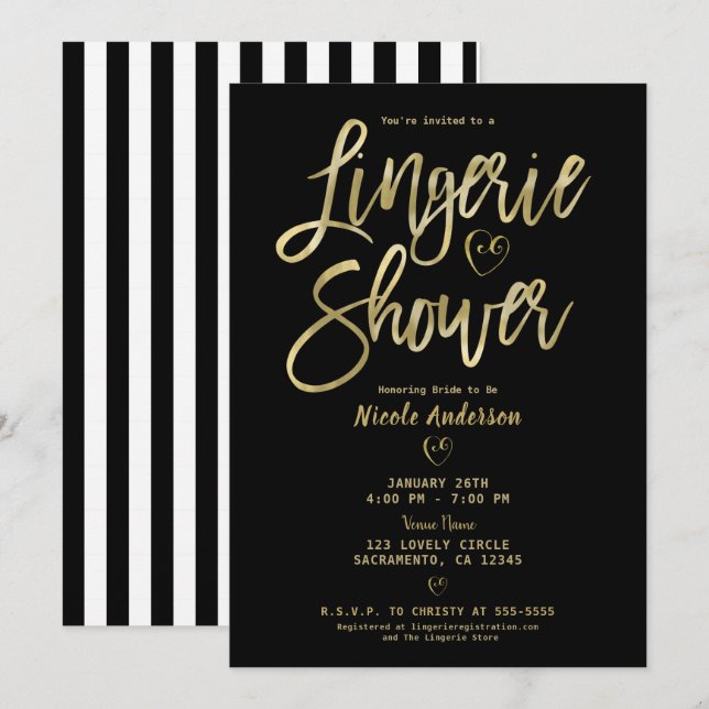 Invitation Rayures noires et blanches Glam Or Lingerie Douche (Devant / Derrière)