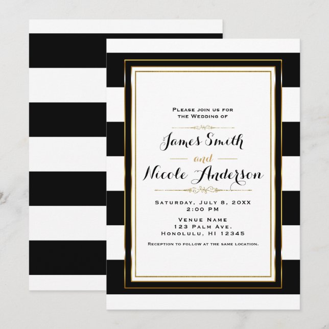 Invitation Rayures noires et blanches Mariage chic élégant or (Devant / Derrière)