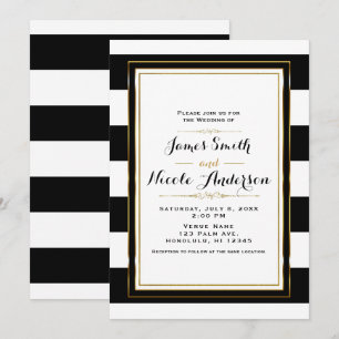 Invitation Rayures noires et blanches Mariage chic élégant or