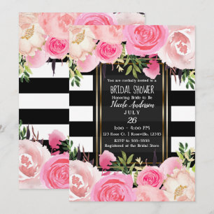 Invitation Rayures noires et blanches Or Rose Floral Shower d
