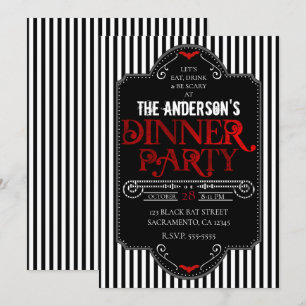 Invitation Rayures noires et blanches Soirée gothique rouge