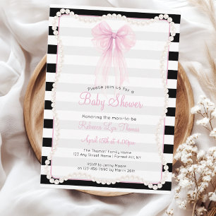 Invitation Rayures Prépa Rose Nœud Perles Baby Shower