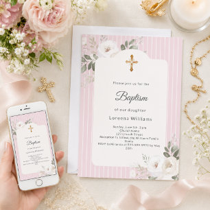 Invitation Rayures rose poudré fleurs blanches fille Baptême