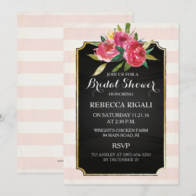 Invitation Rayures roses florales de ~ d'invitation de Fête (Devant / Derrière)