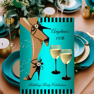 Invitation Rayures sarcelle Chaussures noires Verre à vin Fêt