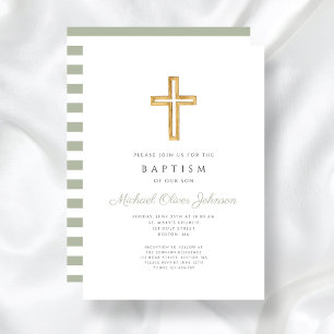 Invitation Rayures Vert Sauge Croix Religieuse Baptême