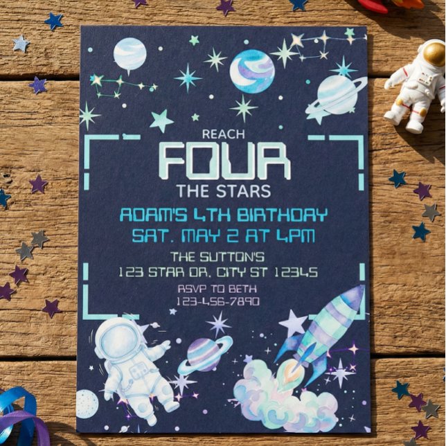 Invitation Reach Four the Stars Blue Green Space 4th Birthday (Créateur téléchargé)