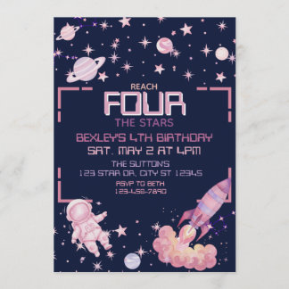 Invitation Reach Four the Stars Pink Space 4th Birthday