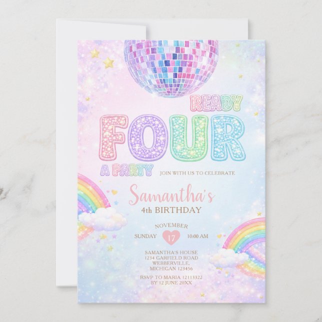 Invitation Ready FOUR a party Disco Rainbow Birthday (Devant)