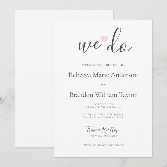 Invitation Rebecca Simple Modern We Do & Pink Heart Mariage (Devant / Derrière)