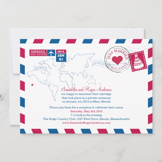 Invitation Réception après le mariage par courrier aérien d'H (Devant)