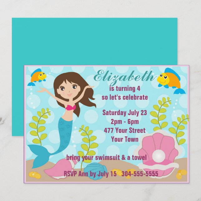 Invitation Réception au bord de la piscine heureuse de sirène (Devant / Derrière)