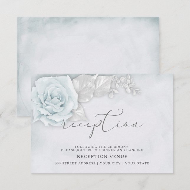 Invitation Réception aux roses bleues et blanches scintillant (Devant / Derrière)