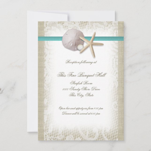 Invitation Réception Beach Pearl et Lace Aqua (Devant)