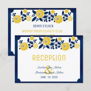 Invitation Réception - bleu marine et mariage floral jaune