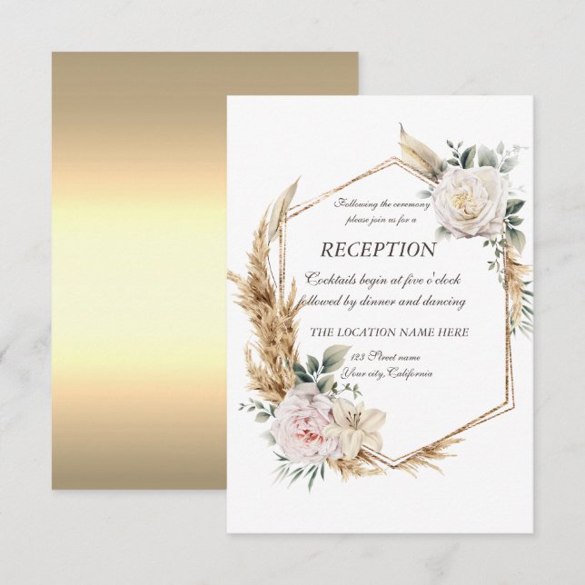 Invitation Réception Cadre Doré Floral   (Devant / Derrière)