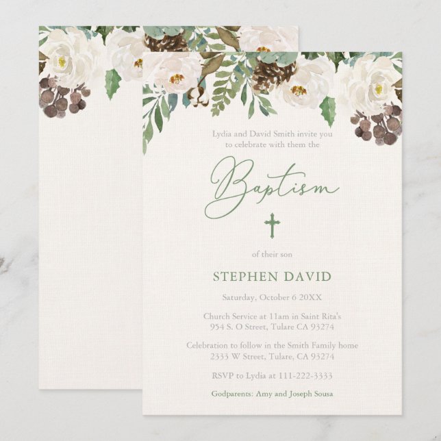 Invitation Réception de baptême de verdure hivernale pour gar (Devant / Derrière)