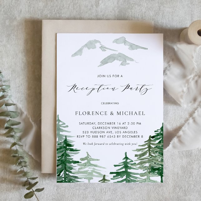 Invitation Réception de fête dans une forêt boisée à l'aquare (Woodland theme wedding reception party invitation featuring watercolor forest scenery.)