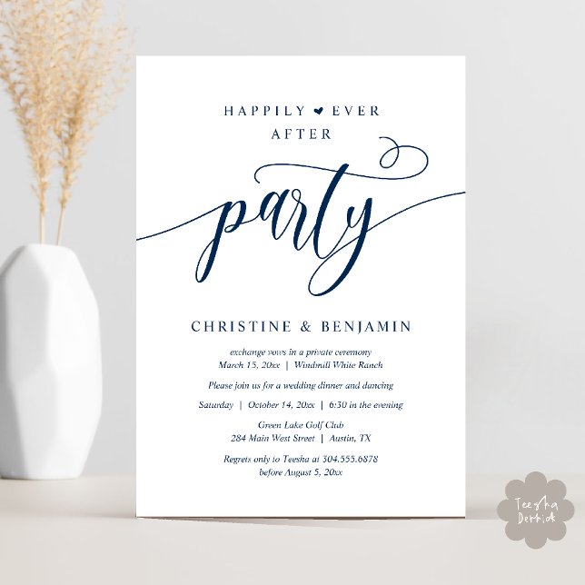Invitation Réception de fête moderne Boho pour un bonheur éte (Modern Boho Happily Ever After Reception Party Invitation card PDF in navy blue)