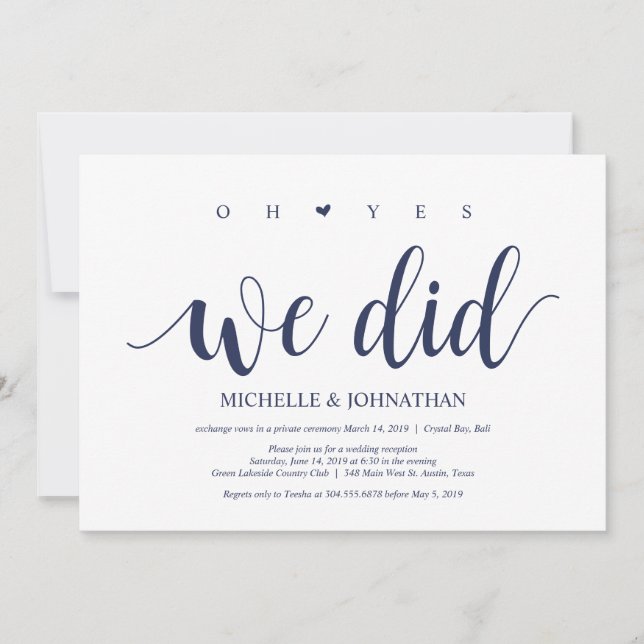 Invitation Réception de l'Elopement Mariage bleu de la marine (Devant)