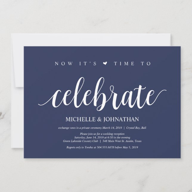 Invitation Réception de l'Elopement Mariage bleu de la marine (Devant)