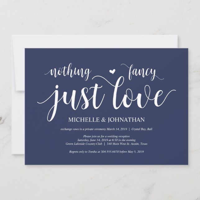 Invitation Réception de l'Elopement Mariage bleu de la marine (Devant)
