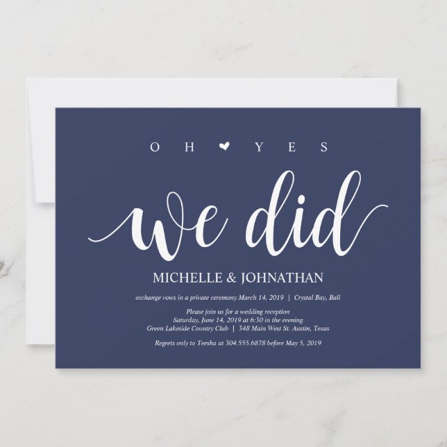 Invitation Réception de l'Elopement Mariage bleu de la marine (Devant)