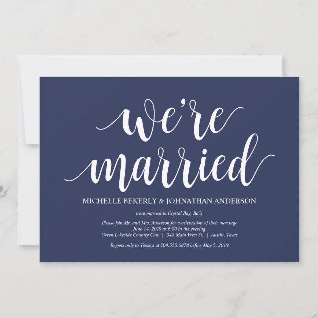 Invitation Réception de l'Elopement Mariage bleu de la marine (Devant)