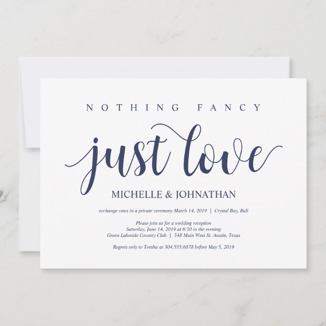 Invitation Réception de l'Elopement Mariage bleu de la marine (Devant)