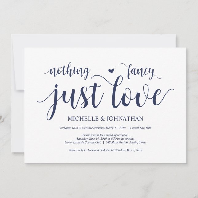 Invitation Réception de l'Elopement Mariage bleu de la marine (Devant)