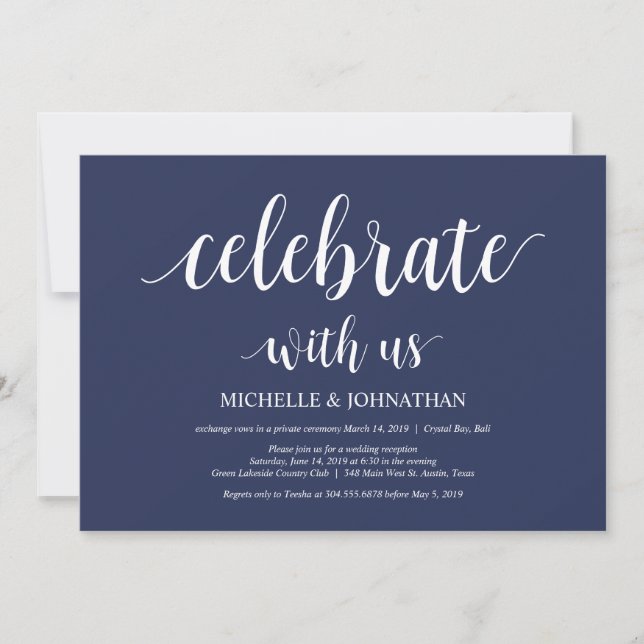 Invitation Réception de l'Elopement Mariage bleu de la marine (Devant)