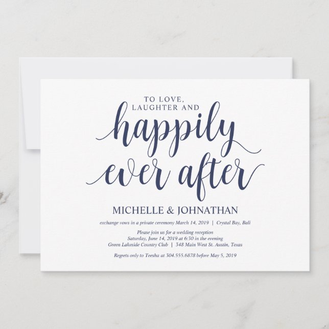 Invitation Réception de l'Elopement Mariage bleu de la marine (Devant)